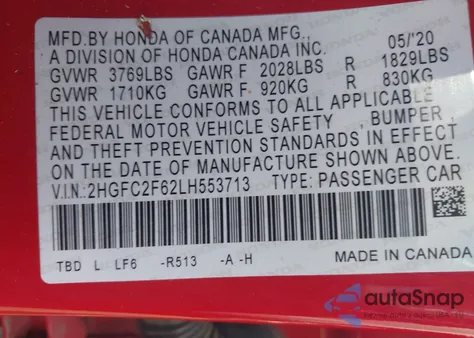 2020 Honda Civic Lx z USA, uszkodzony, nr VIN 2HGFC2F62LH553713